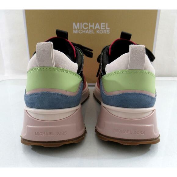 Michael Kors Theo Trainer Lace Up Sneakers Mk Logo Black Leather - Picture 9 of 11